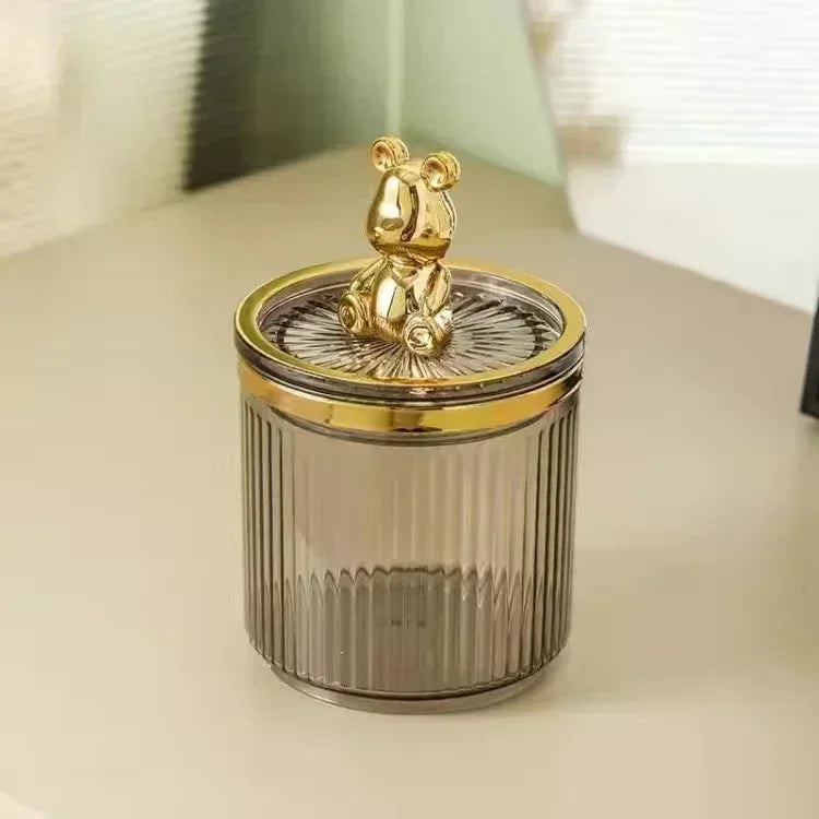 Cute Cotton Swab Storage Box with Gold Bear Lid - Clarify.pk