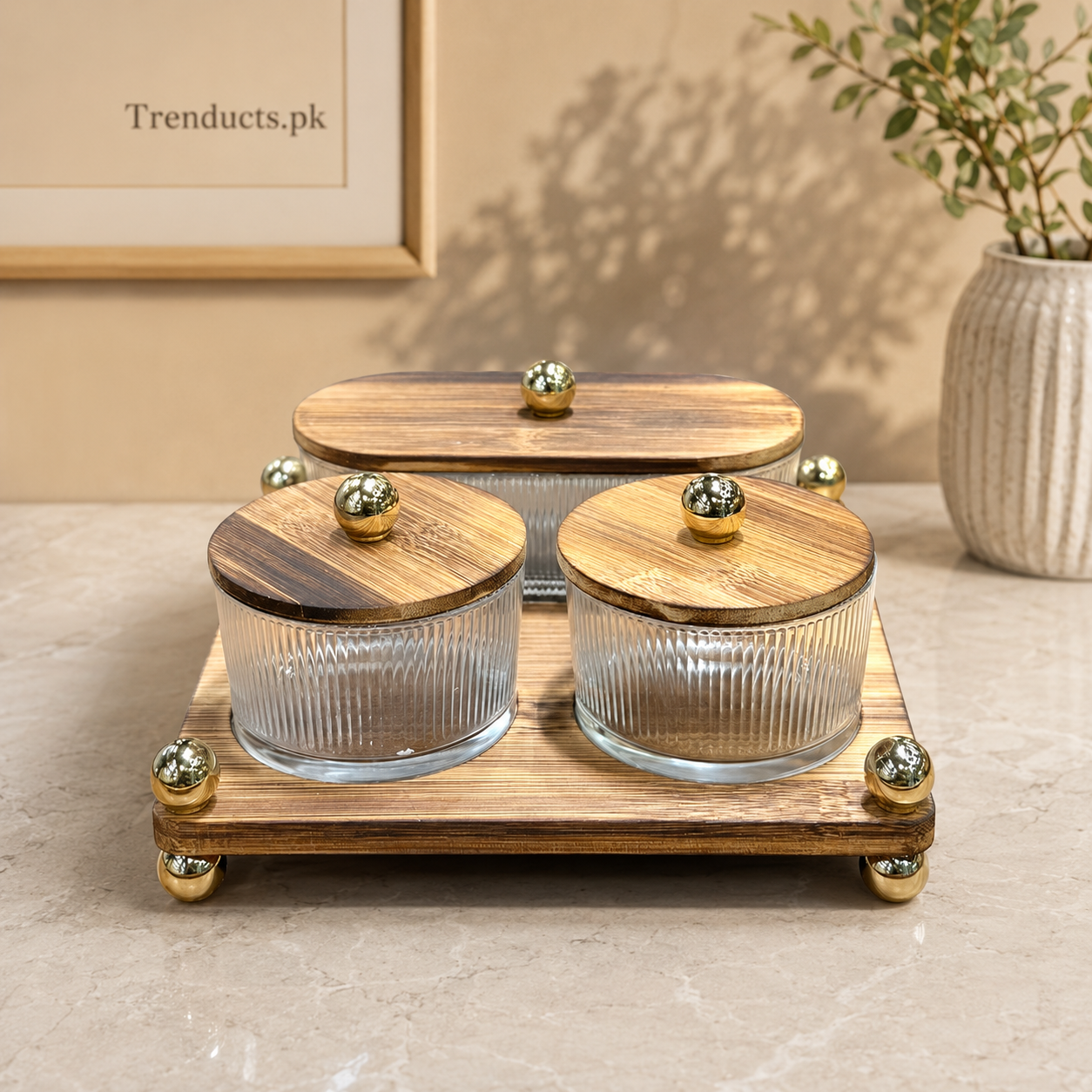 Walnut-Finish 3-Container Dry Fruit Serving Stand