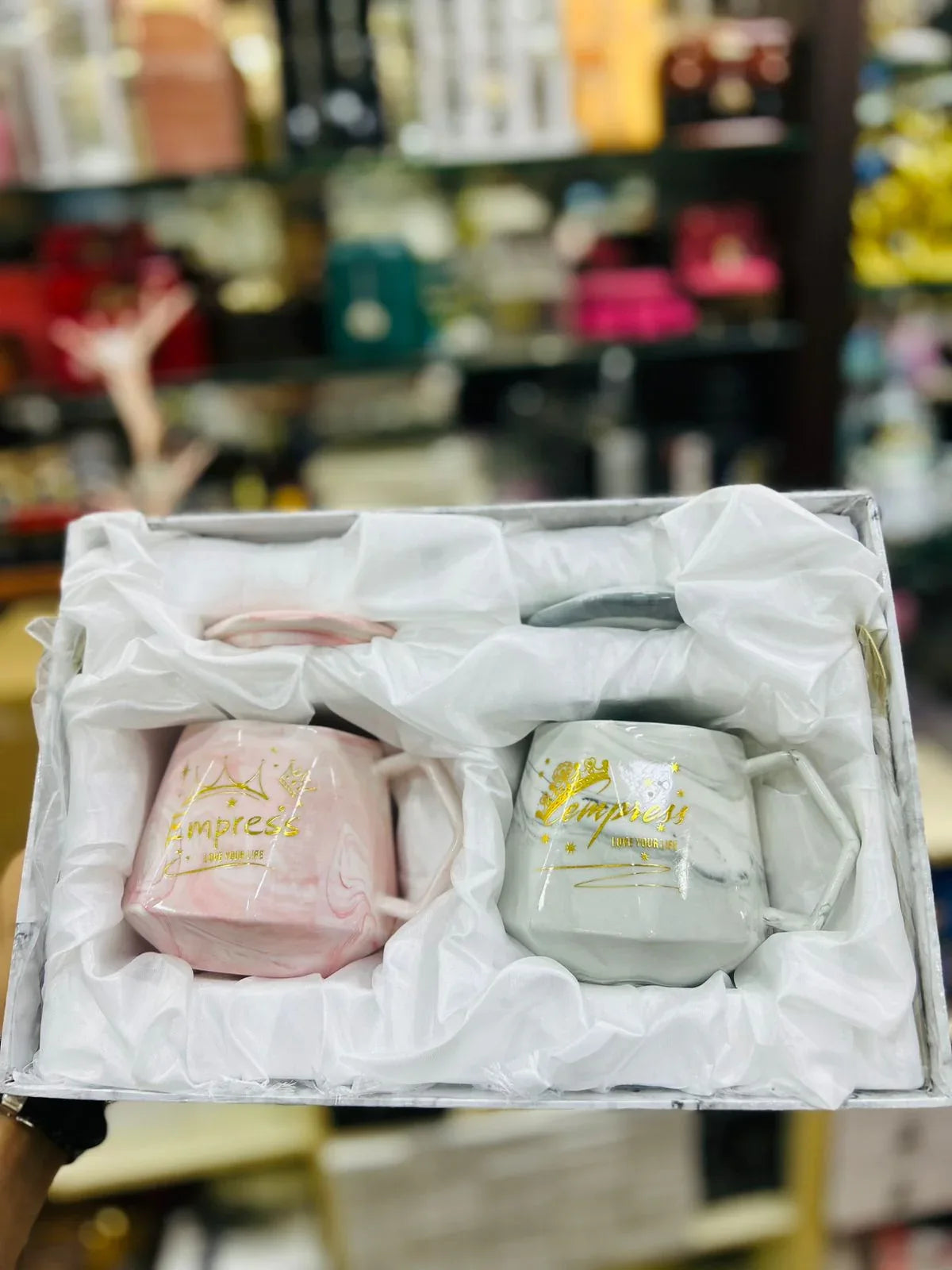 White and Pink Ceramic Mugs Set with Gold Print - Clarify.pk