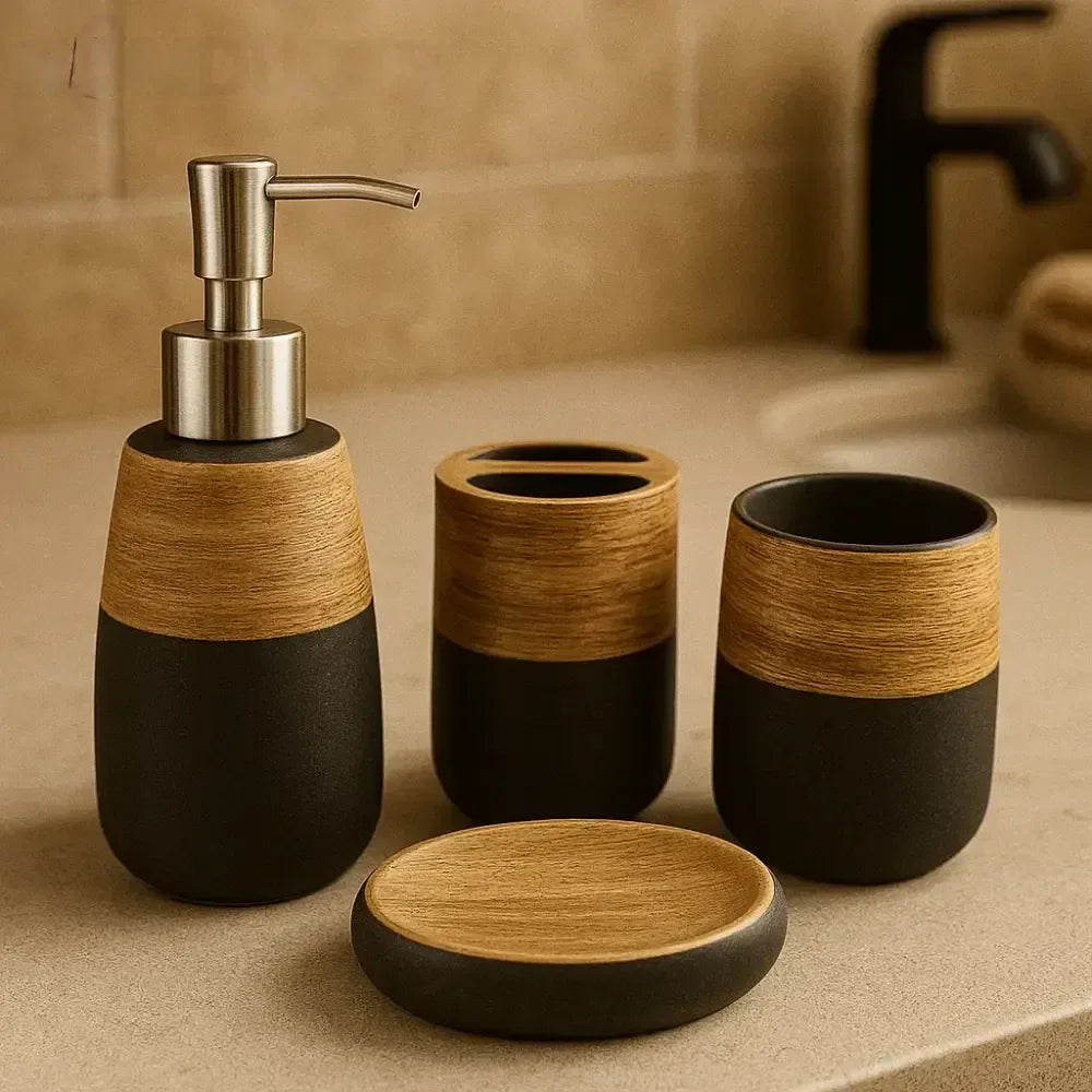 Rustic Black & Wood Ceramic Bathroom Set – 4-Piece Modern Décor - Clarify.pk