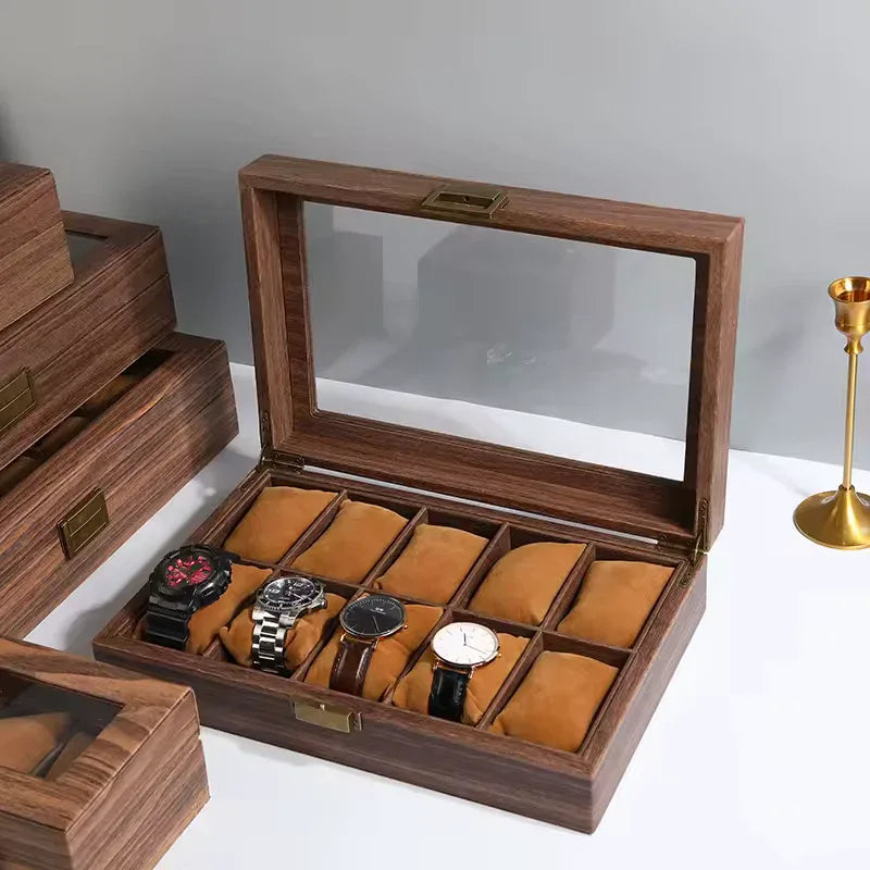 Wood Grain Leather Watch Box with Glass Lid - Clarify.pk
