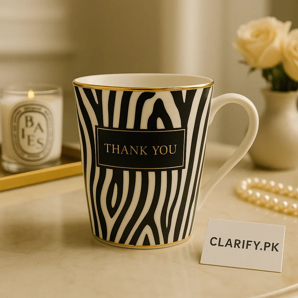 Zebra Elegance Ceramic Coffee Mug – Black & White with Gold Rim - Clarify.pk