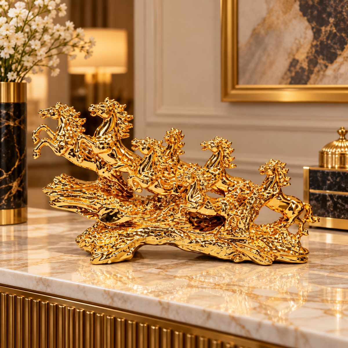Seven Horses Golden Decorative Showpiece