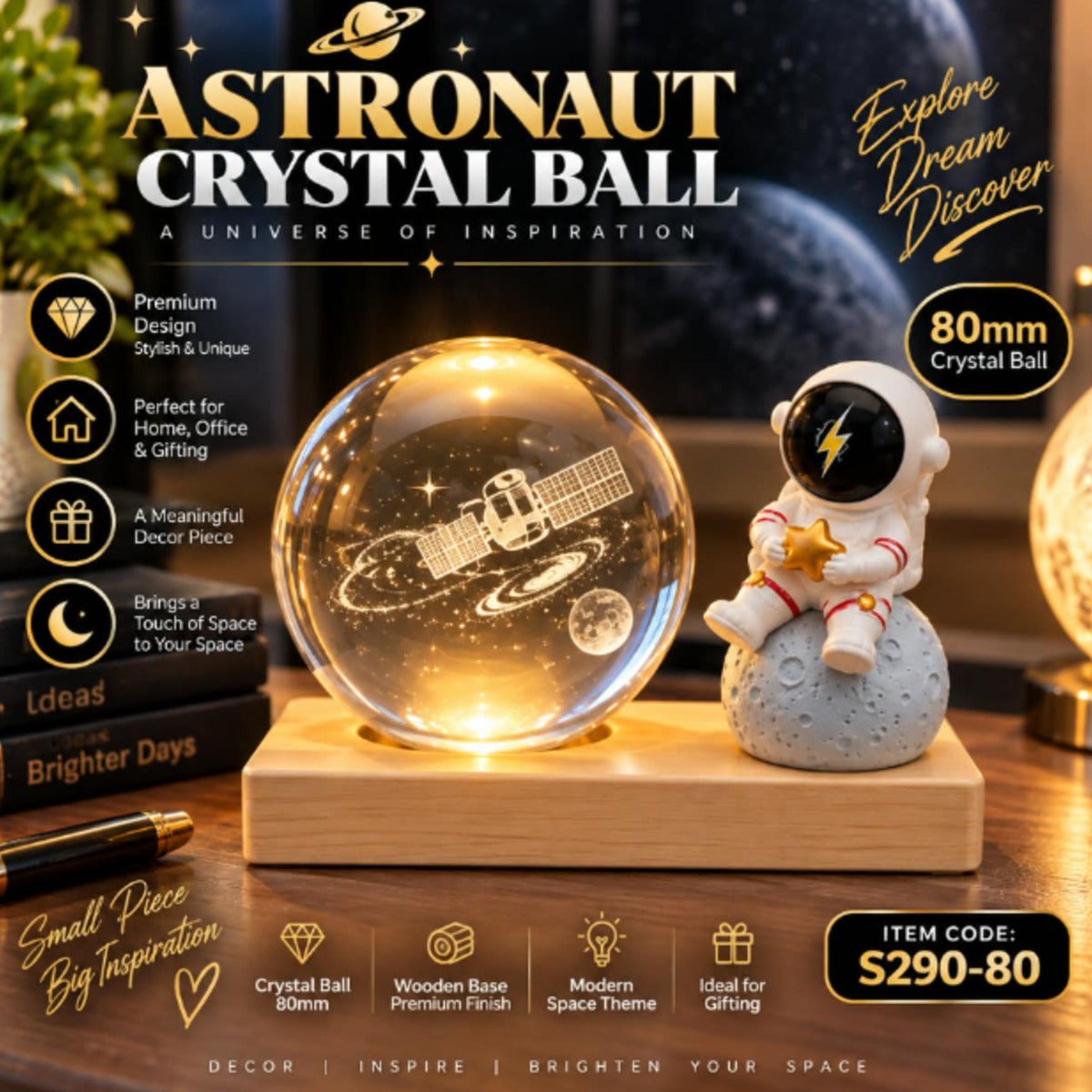 Astronaut Crystal Ball Showpiece with Wooden Base