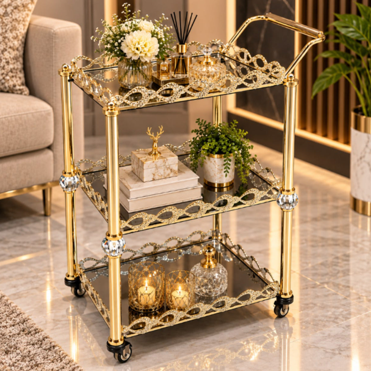 Luxury Rectangular 3-Tier Serving Trolley for Home