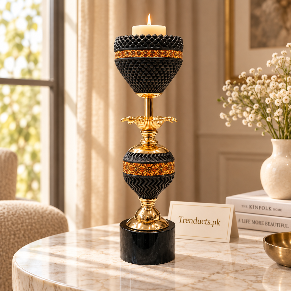 Black & Gold Double-Band Luxury Candle Stand