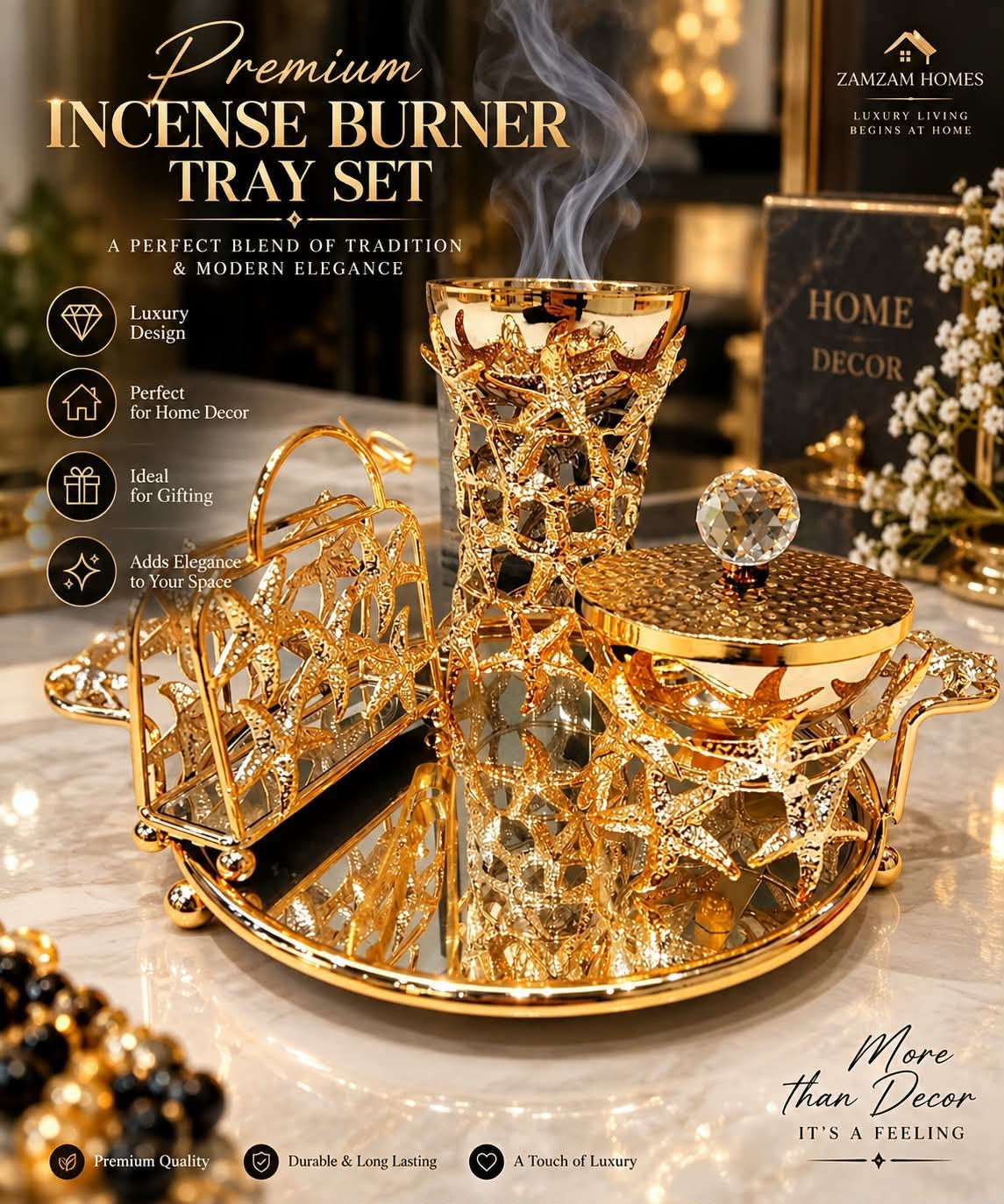 Premium Starfish Gold Incense Burner Tray Set