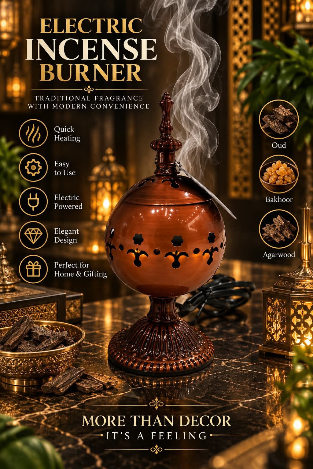 Luxury Copper-Tone Electric Incense Burner