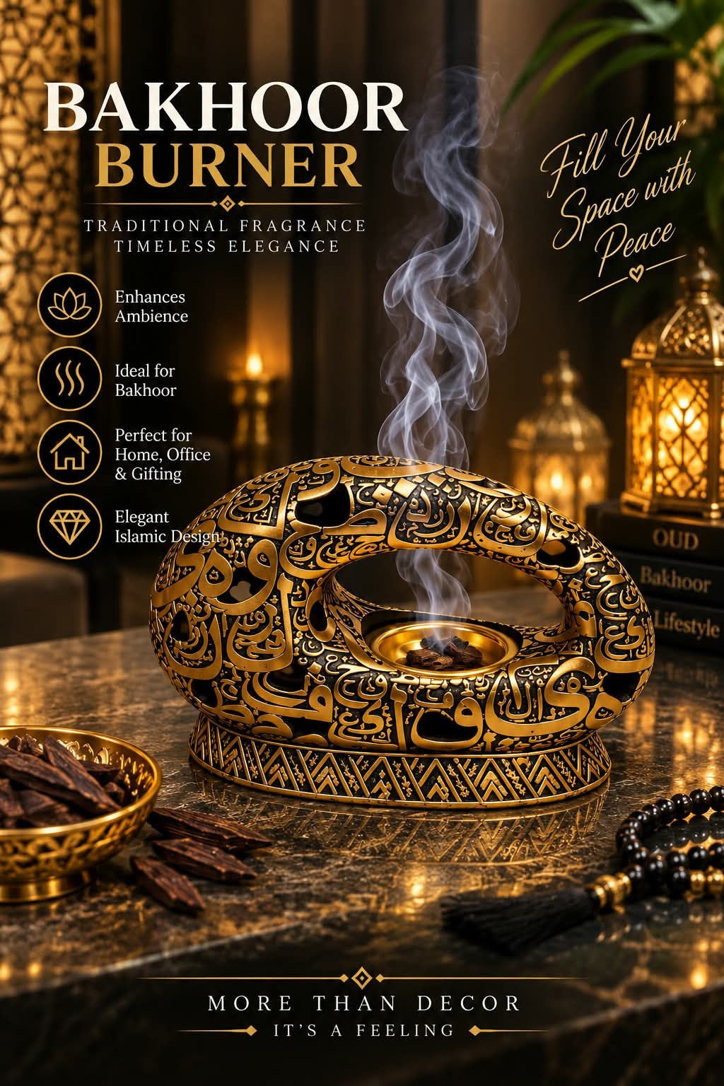 Luxury Black & Gold Calligraphy Bakhoor Burner