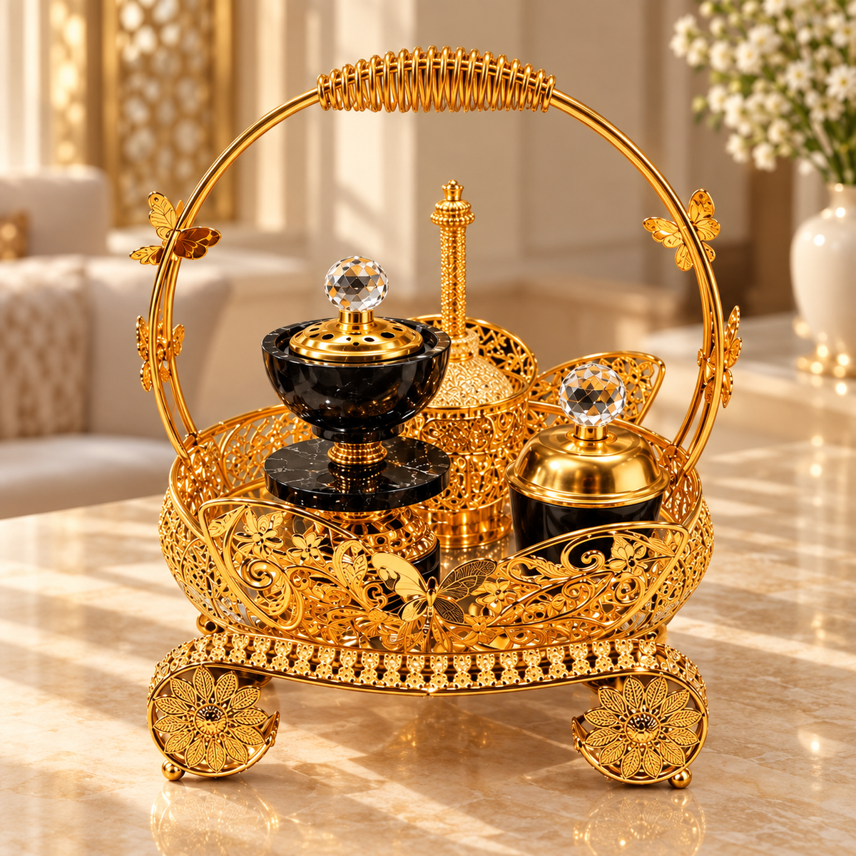 Luxury Gold Carriage Incense Burner Tray Set