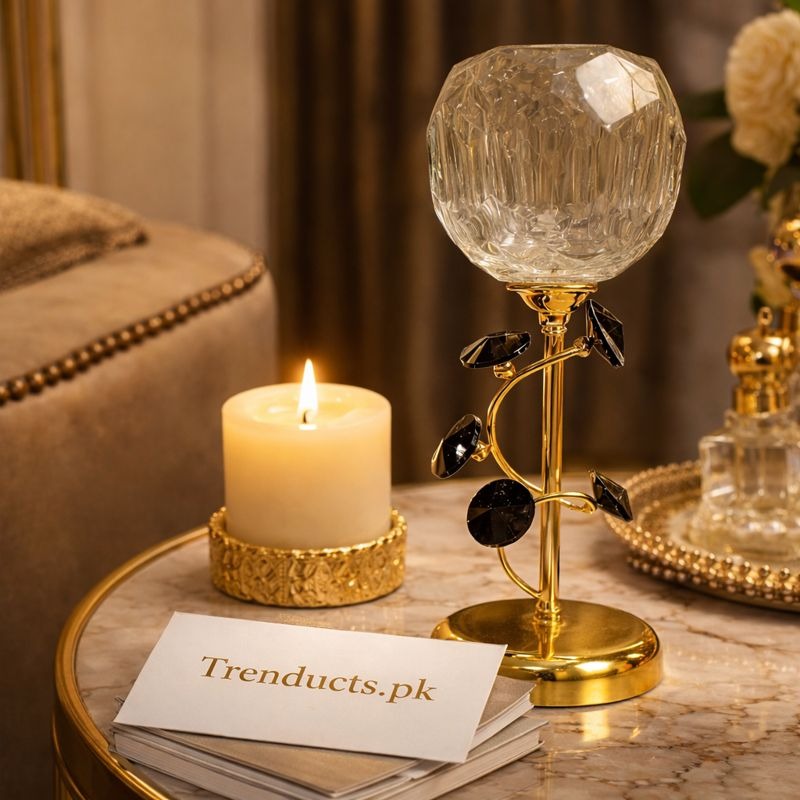 Elegant Crystal Metal Candle Stand - Luxury Gold Table Centerpiece - Trenducts.pk