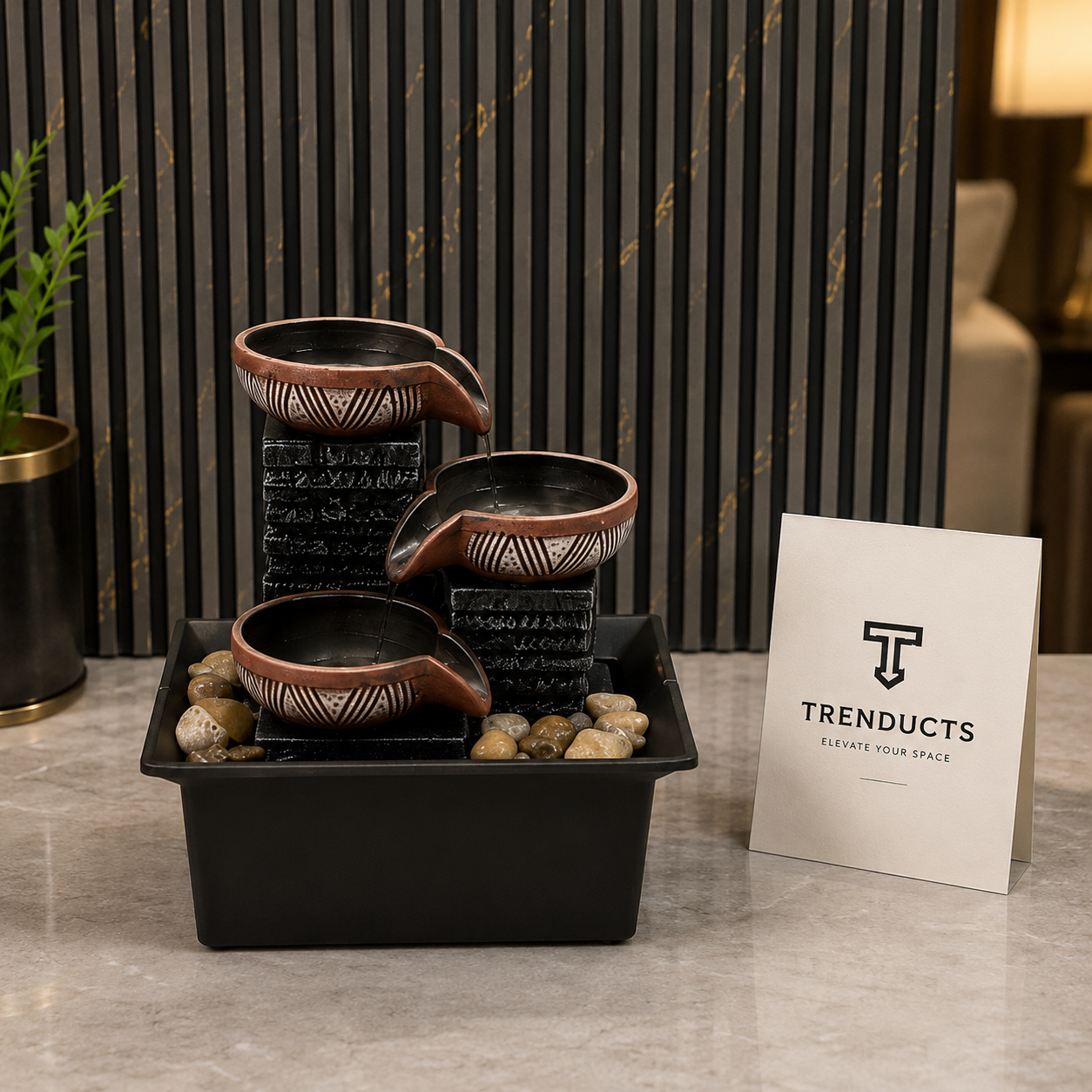 Three-Bowl Zen Waterfall Mini Fountain with Pebbles