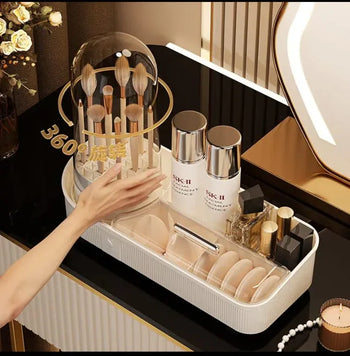 360° Rotating Makeup Organizer – Large Capacity Beige Cosmetic Storage Rack - Clarify.pk