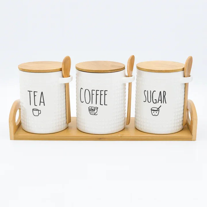 Minimal Ceramic Tea Coffee Sugar Jars Set with Stand - Clarify.pk