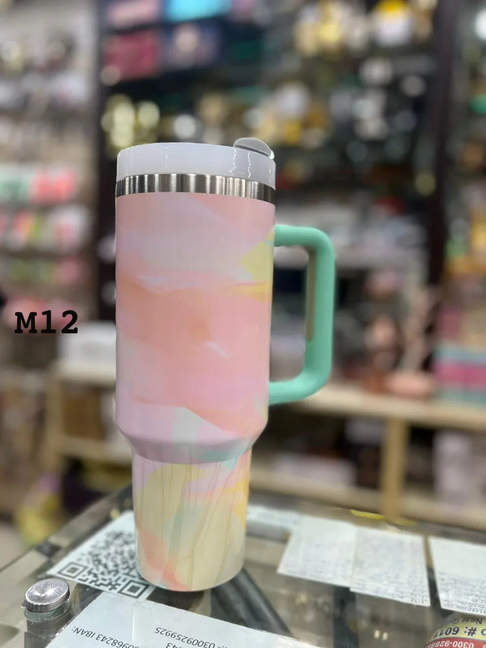 پریمیم پیسٹل خلاصہ برش 40oz ٹمبلر - 1200 ملی لٹر منٹ ہینڈل