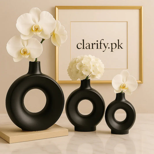 Modern Black Ring Vase Set – 3 Pcs Decorative Hollow Vases - Clarify.pk