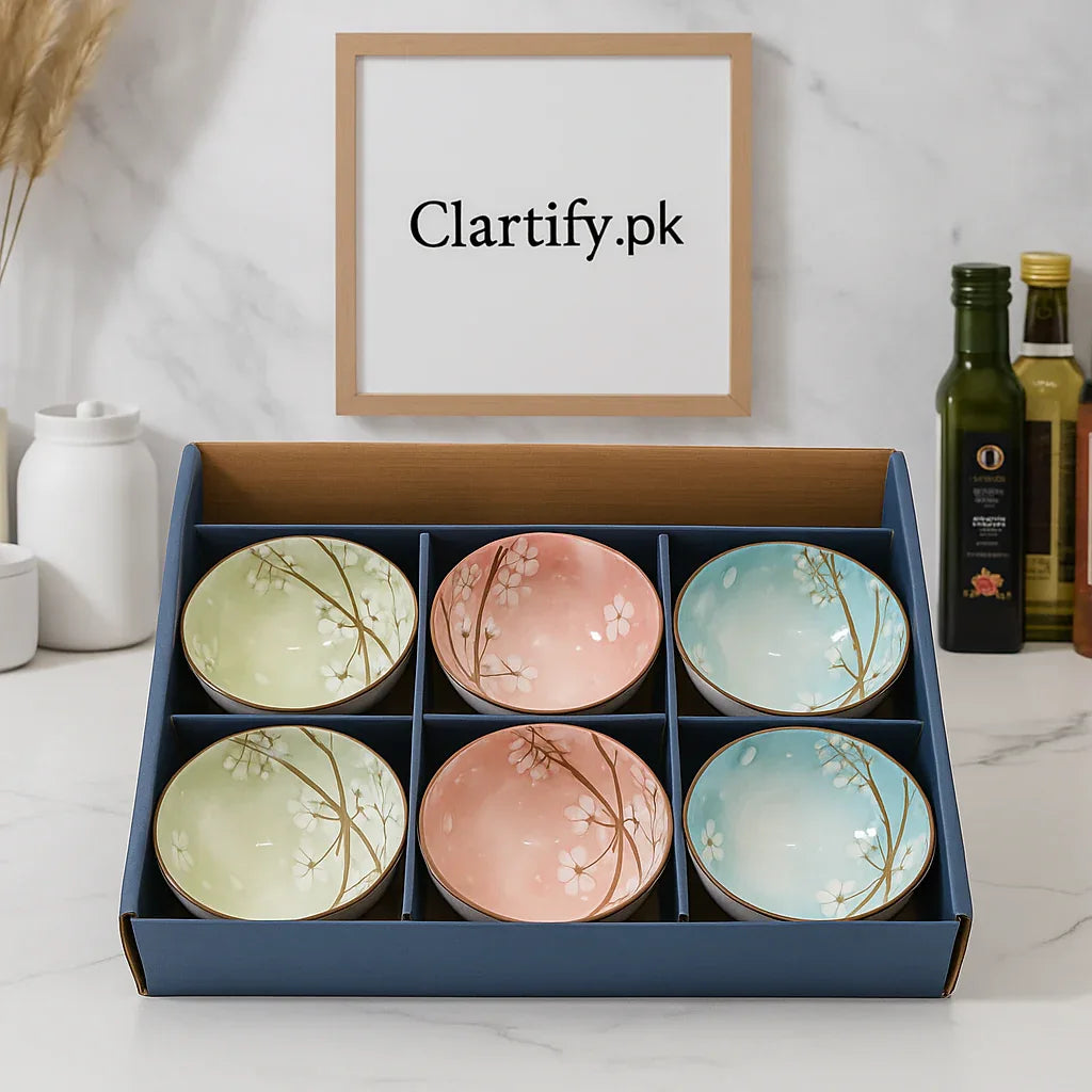 Pack of 6 Ceramic Bowl Set – Cherry Blossom Pastel Design - Clarify.pk