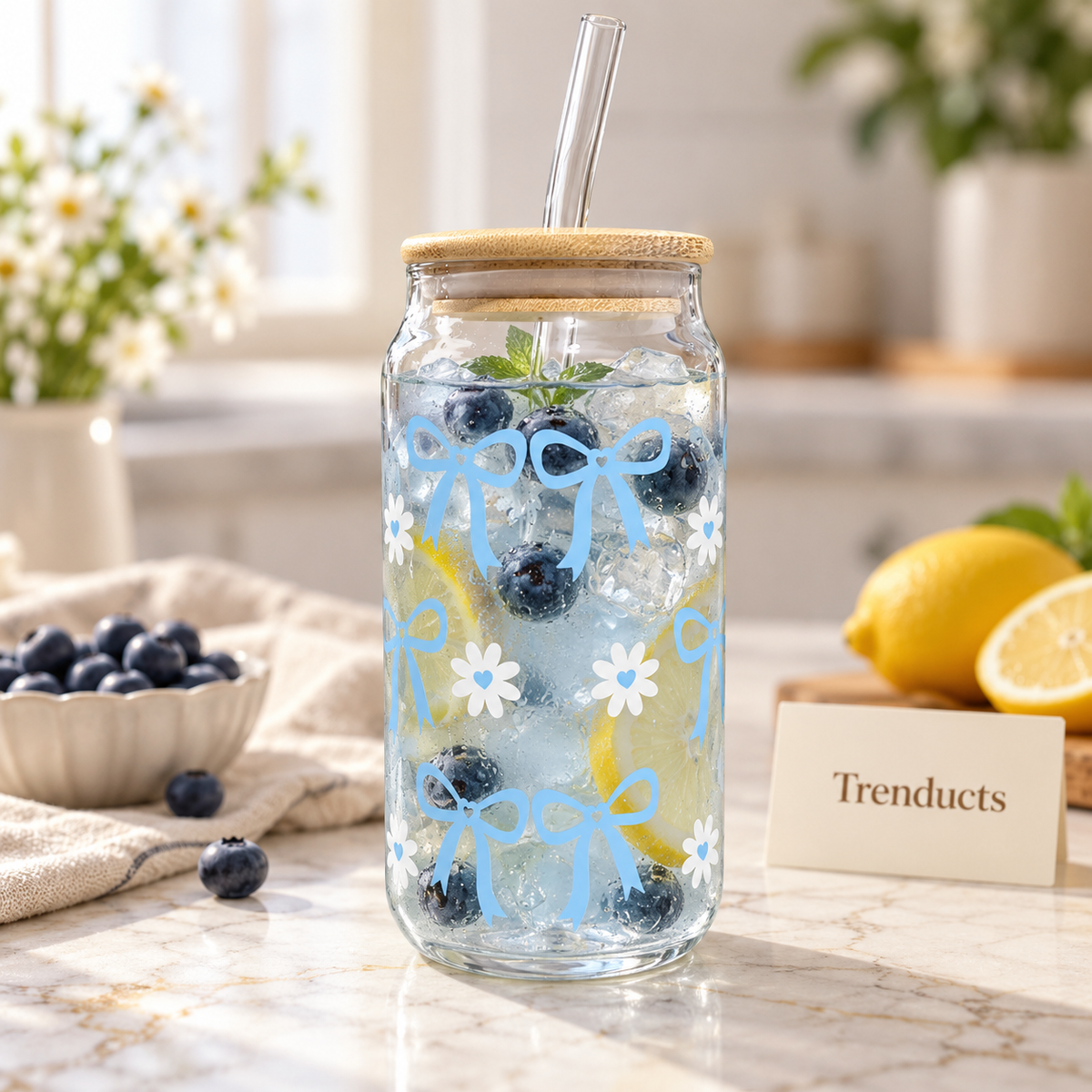 Cute Bow & Daisy Glass Sipper with Bamboo Lid