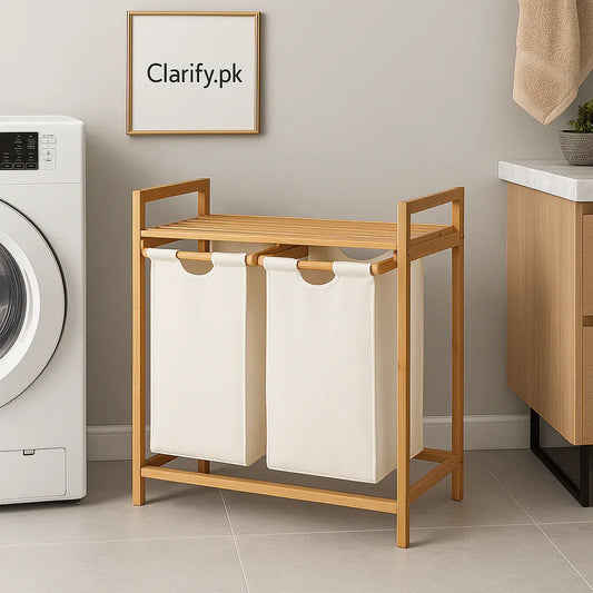 Dual Compartment Bamboo Laundry Basket with Fabric Bags - Clarify.pk
