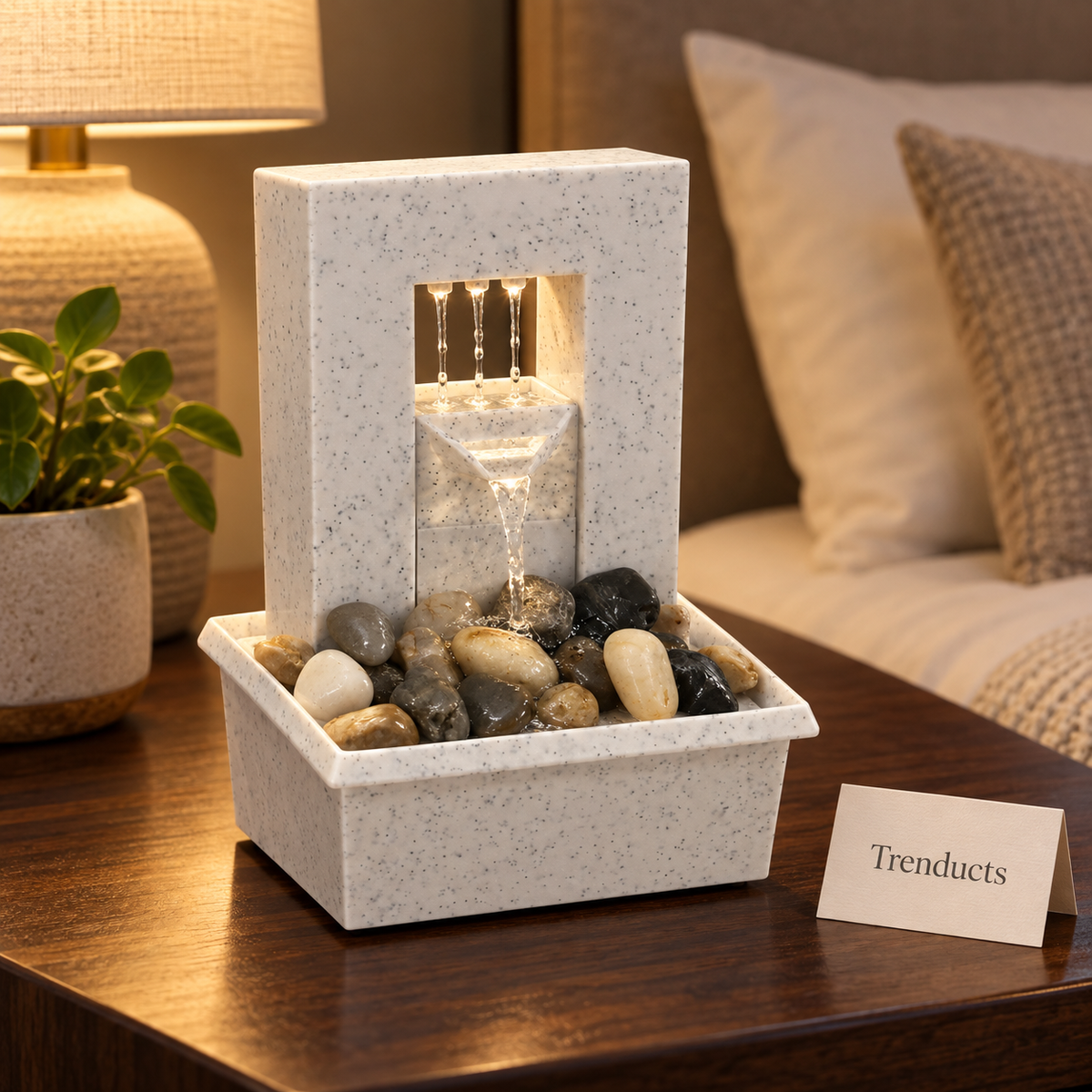 Modern Arch Wall Tabletop Fountain with LED Light & River Pebbles – Indoor Water Feature
