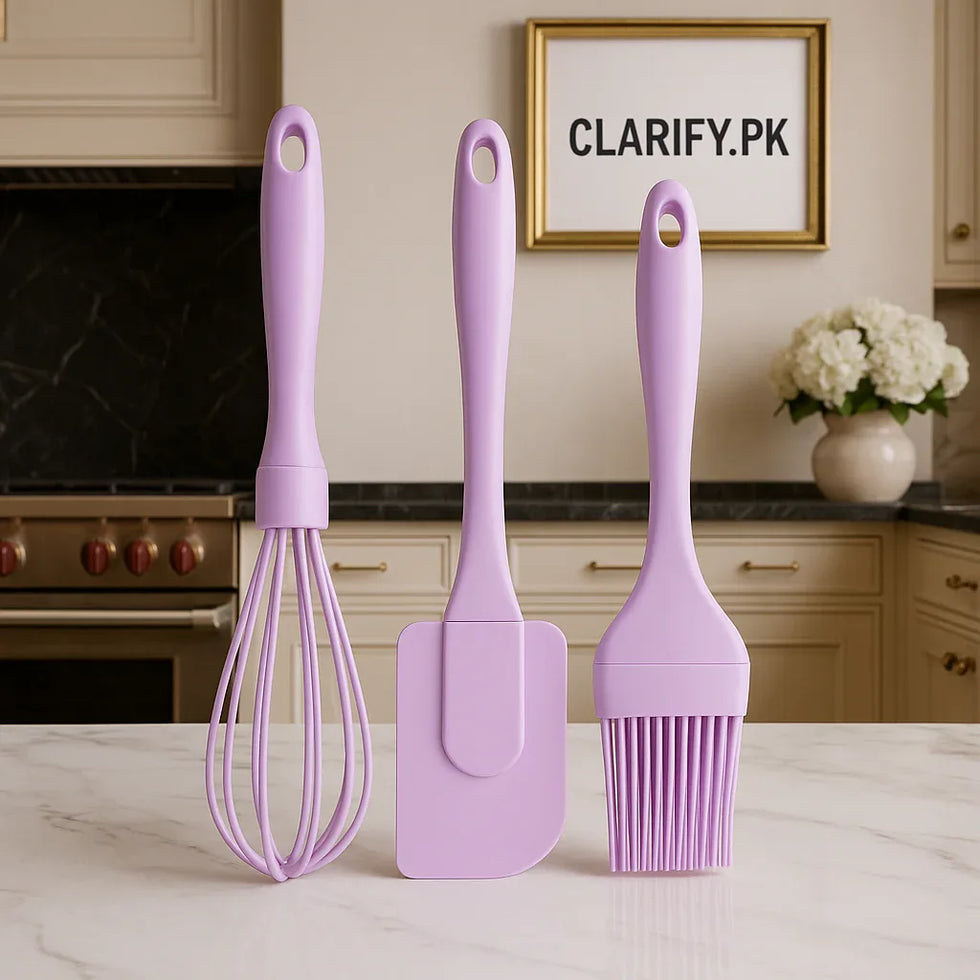 3 Pcs Silicone Kitchen Utensil Set – Whisk, Spatula & Brush - Clarify.pk
