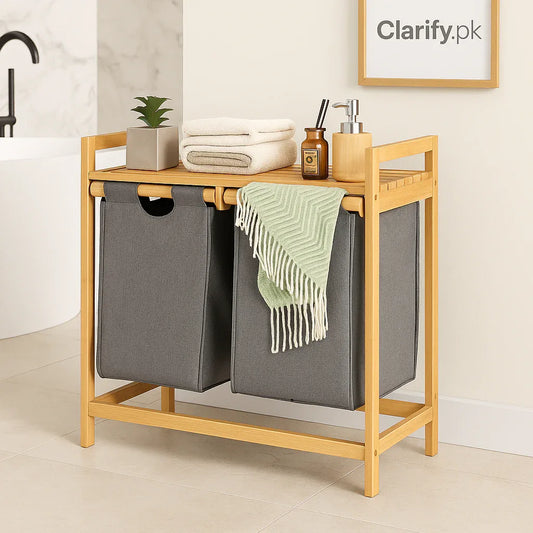 Double Compartment Bamboo Laundry Sorter – Grey Fabric Bags - Clarify.pk
