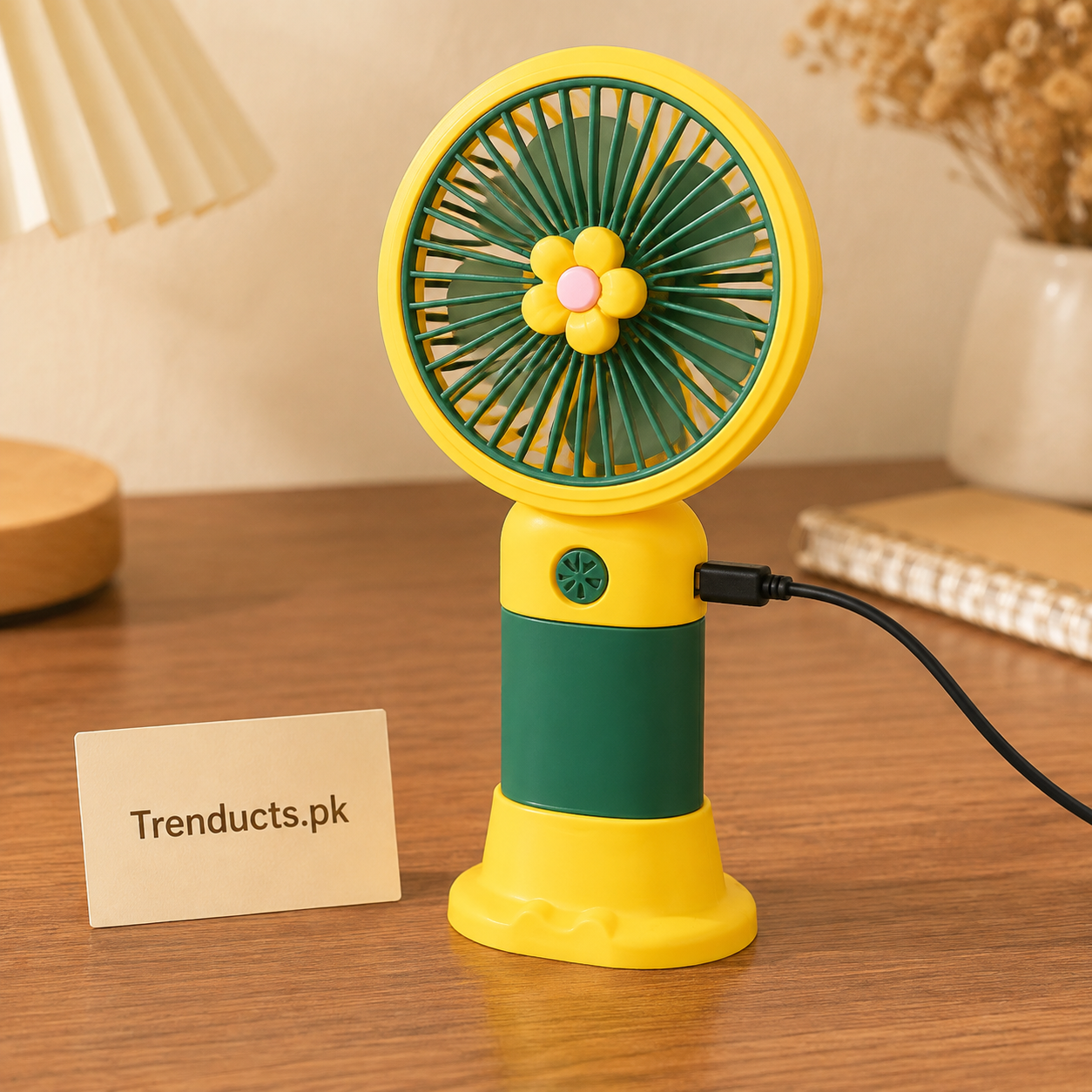 Mini Rechargeable Handheld Fan – Portable Floral Design USB Fan with & Desktop Stand