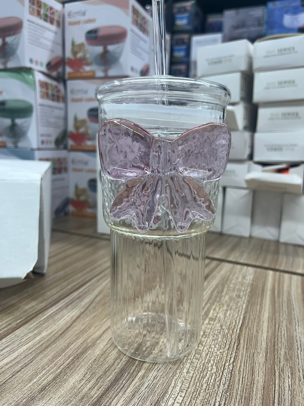 Ribbed Bow Glass Tumbler with Dome Lid & Glass Straw – Aesthetic Coquette Drinkware