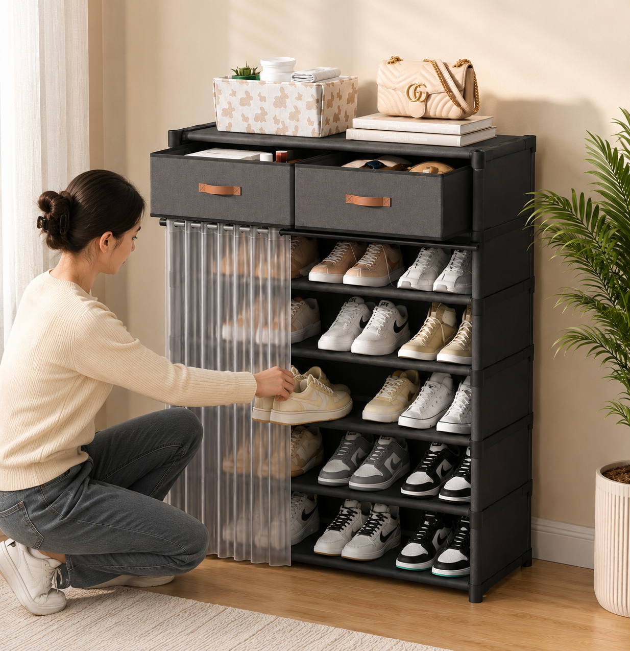 Dustproof Shoe Rack Organizer - Multi-Layer Shoe Cabinet with Fabric Drawers