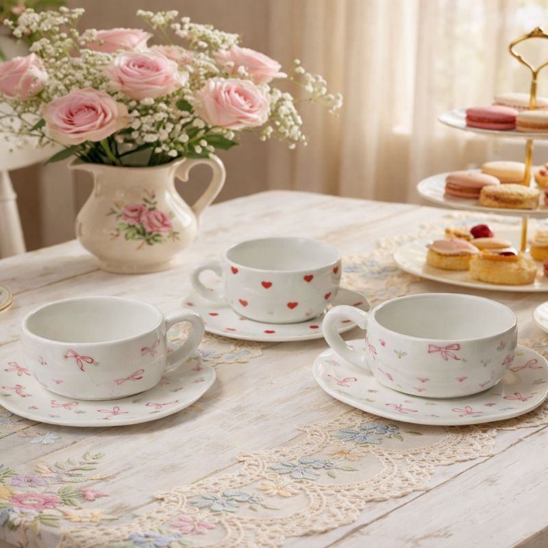 Aesthetic Ribbon Ceramic Cup & Saucer - Random Design (each) - Trenducts.pk