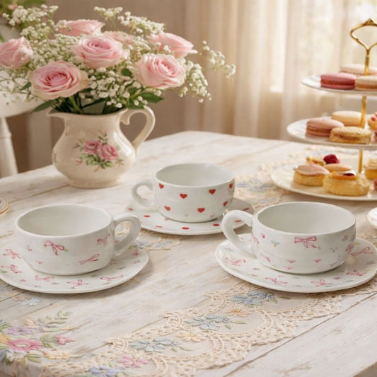 Aesthetic Ribbon Ceramic Cup & Saucer - Random Design (each) - Trenducts.pk