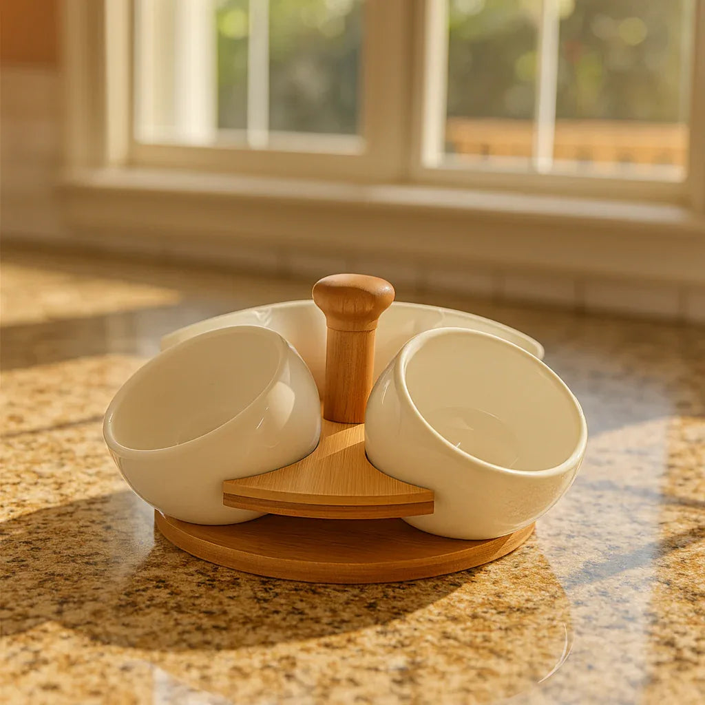 Luxury Ceramic Condiment Bowl Set with Wooden Stand – 4 Pieces - Clarify.pk