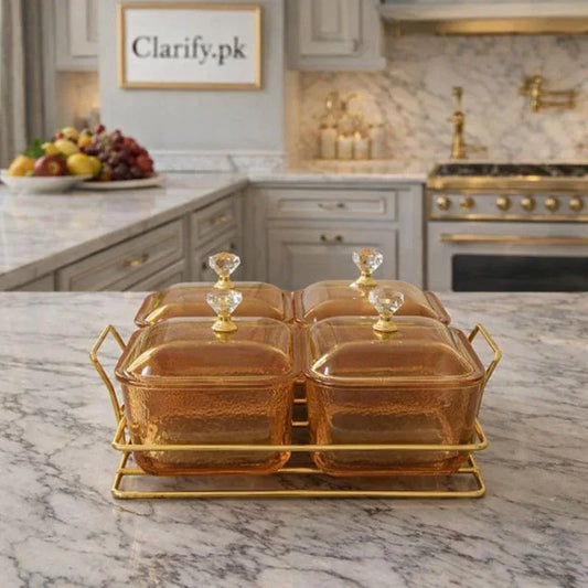 Elegant Glass Serving Bowls with Gold Stand – 4 Compartment Set - Clarify.pk