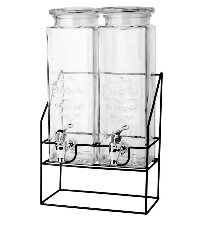 Elegant Glass Drink Dispenser Set – Twin Jars with Sturdy Metal Stand - Clarify.pk