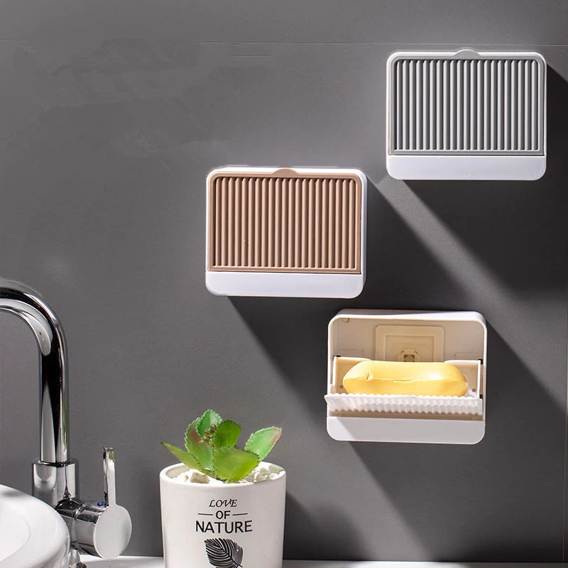 Wall-Mounted Soap Dish Holder with Lid – Double Grid Drain Box, Punch-Free