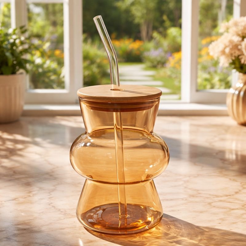 Amber Bubble Glass Sipper - Aesthetic Wavy Glass Tumbler (450ml)
