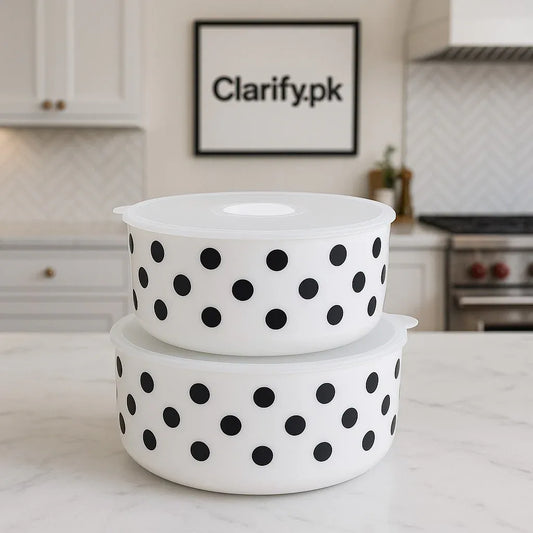 Black Dot Ceramic Food Storage Bowl with Lid – Round Design - Clarify.pk