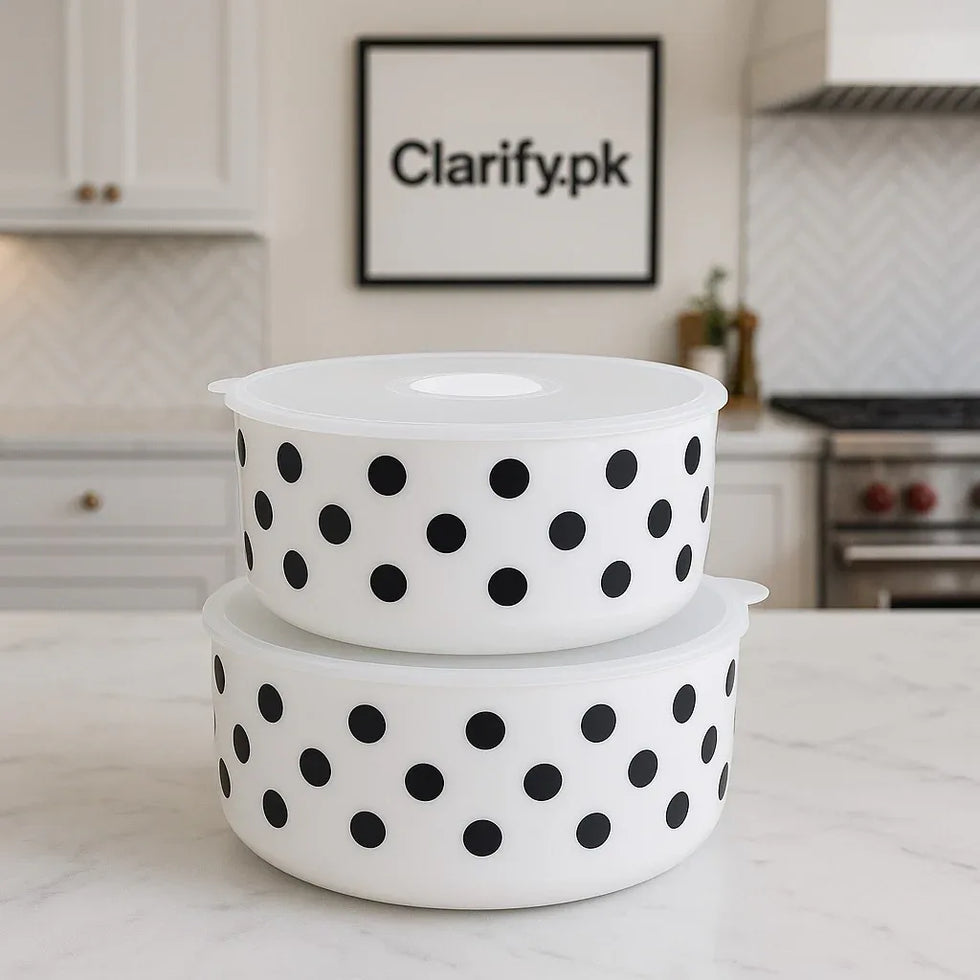 Black Dot Ceramic Food Storage Bowl with Lid – Round Design - Clarify.pk