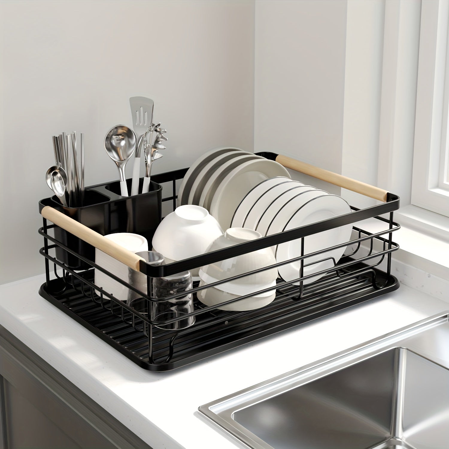 Nordic-Style Dish Rack with Natural Wooden Handles – Modern Kitchen Organizer