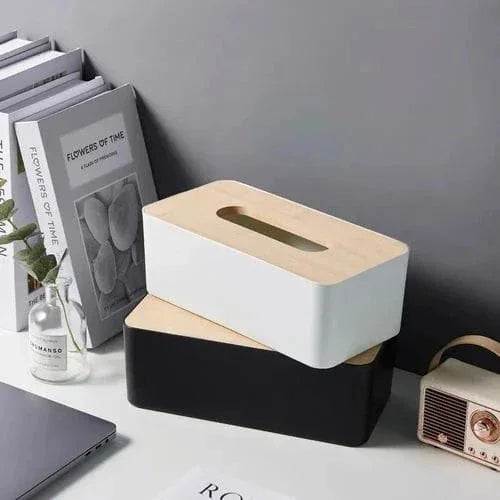 Tissue Box with Wooden Lid – Modern Plastic Tissue Holder - Clarify.pk