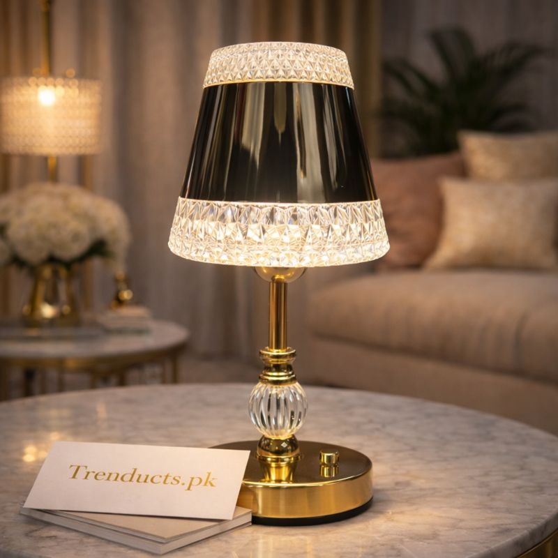 Luxury LED Crystal Tapered Electric Lamp - Modern Golden Decorative Table Light - Trenducts.pk
