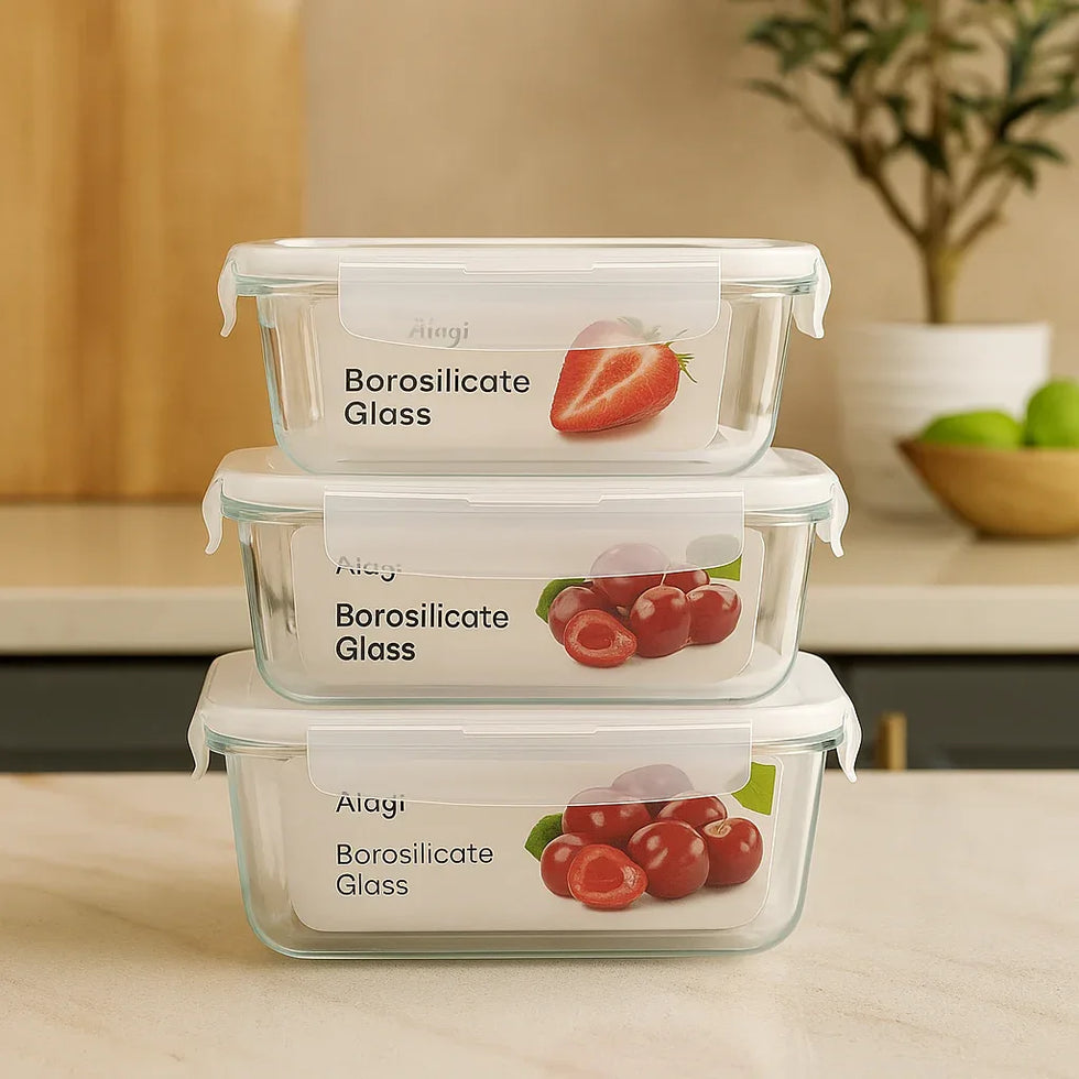 Airtight Borosilicate Glass Bowl Set – 3pcs with Lids (400ml, 630ml, 1000ml) - Clarify.pk