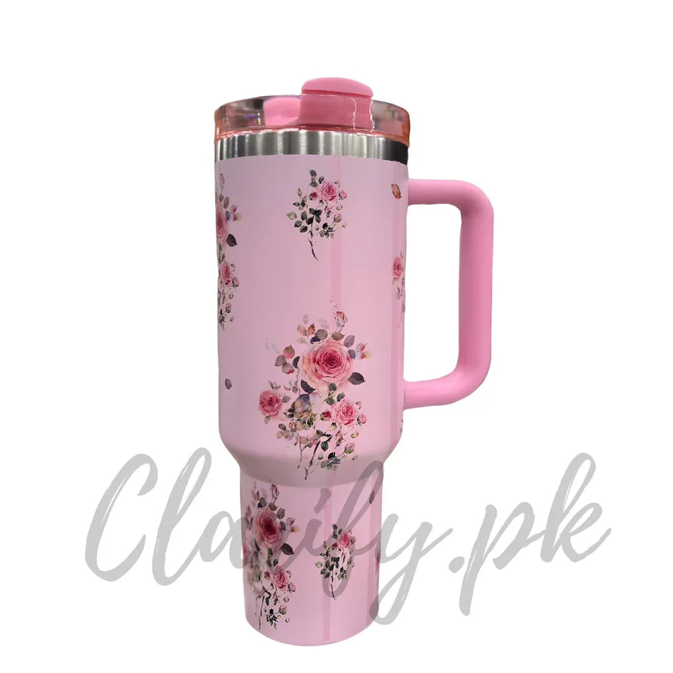 ہینڈل کے ساتھ پریمیم گلابی گلاب کا گلدستہ 40oz ٹمبلر - 1200ml