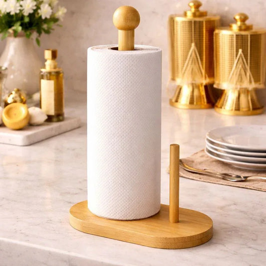 2-in-1 Bamboo Kitchen Tissue Roll Holder Stand - Clarify.pk