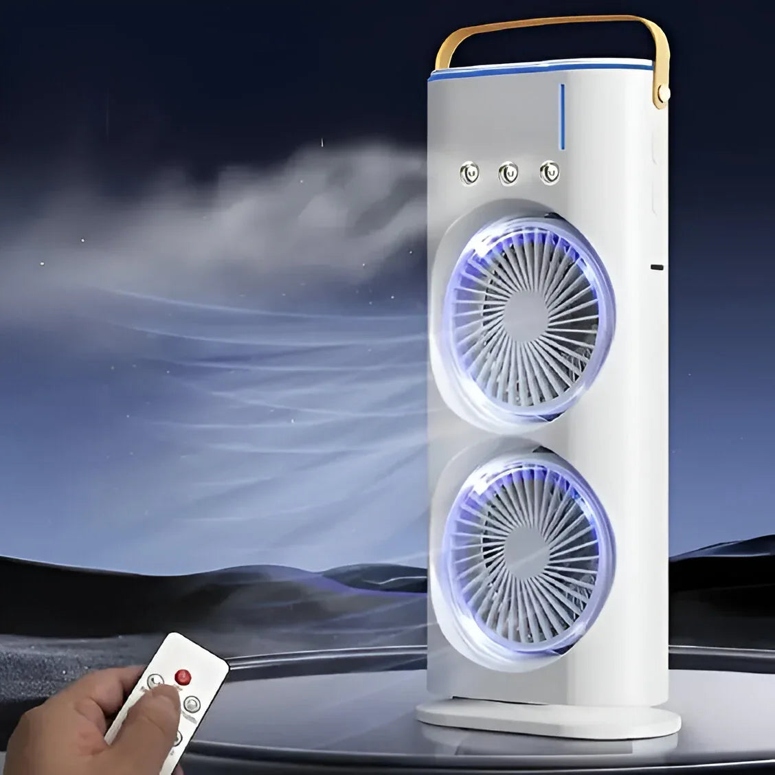 Rechargeable Mist Fan - Dual Spray with Automatic Rotation and Lighting Effects - Clarify.pk