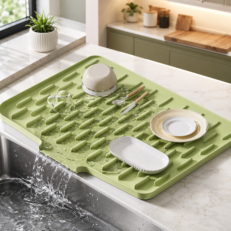 Silicone Dish Drainer Mat with Drain Outlet - Non-Slip Kitchen Drying Mat