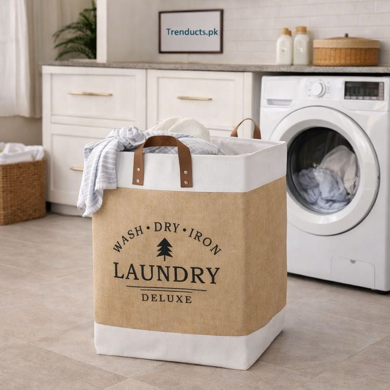 Linen Fabric Foldable Laundry Basket – Large Capacity