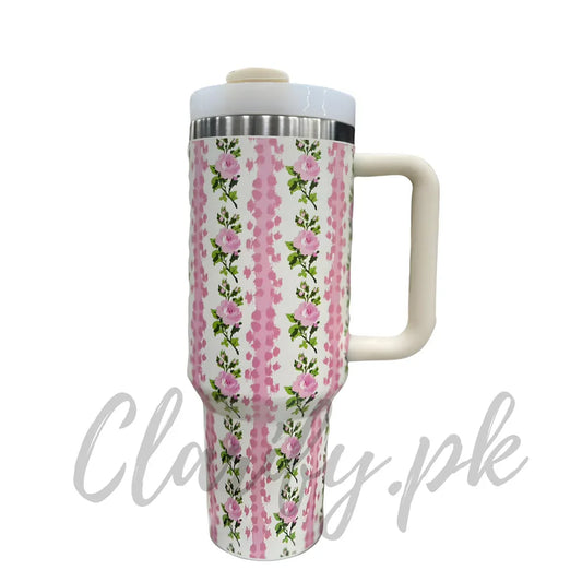 Premium Pink Stripes & Roses 40oz Tumbler With Handle – 1200ml - Clarify.pk