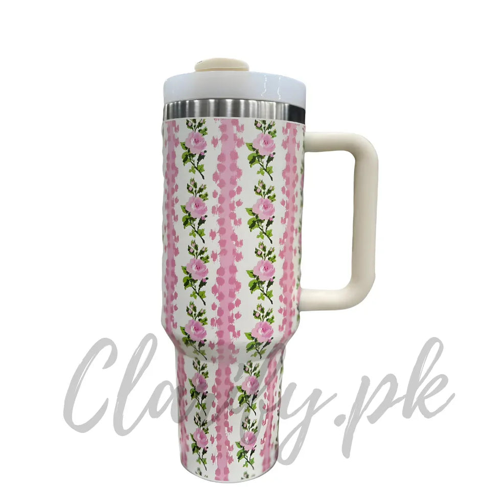Premium Pink Stripes & Roses 40oz Tumbler With Handle – 1200ml - Clarify.pk