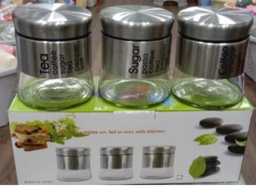 3-Piece Glass Jar Set with Steel Lid - Tea, Sugar, Coffee - Clarify.pk